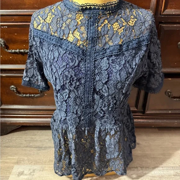 Navy Blue Lace Peplum Blouse with Peter Pan Collar - Picture 3 of 6